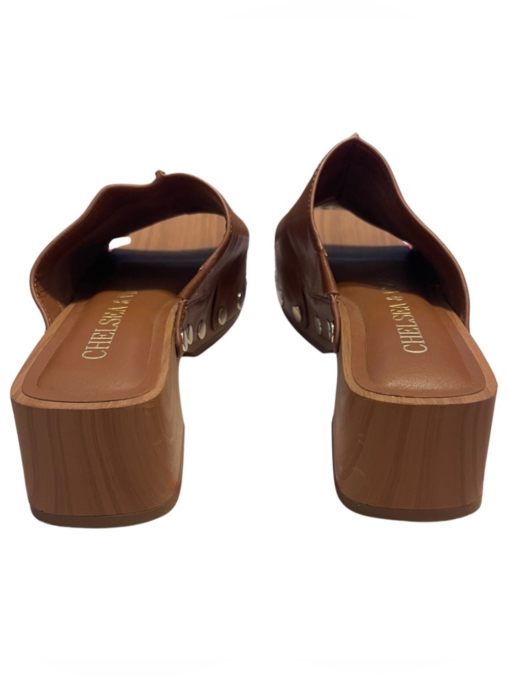 Chelsea & Violet Two-Tone Brown and Tan Leather Slide Platform Mules - Picture 9 of 10